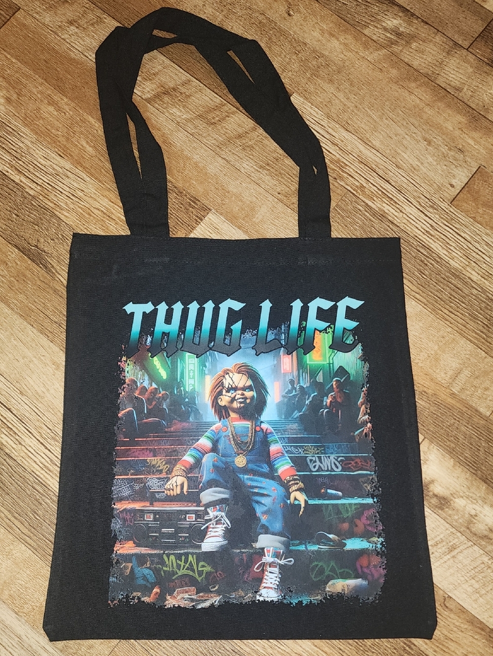 Thug Life Graphic Tote Bag with Colorful Urban Print. 13x15